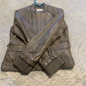 Grey soft leather-look bomber jacket